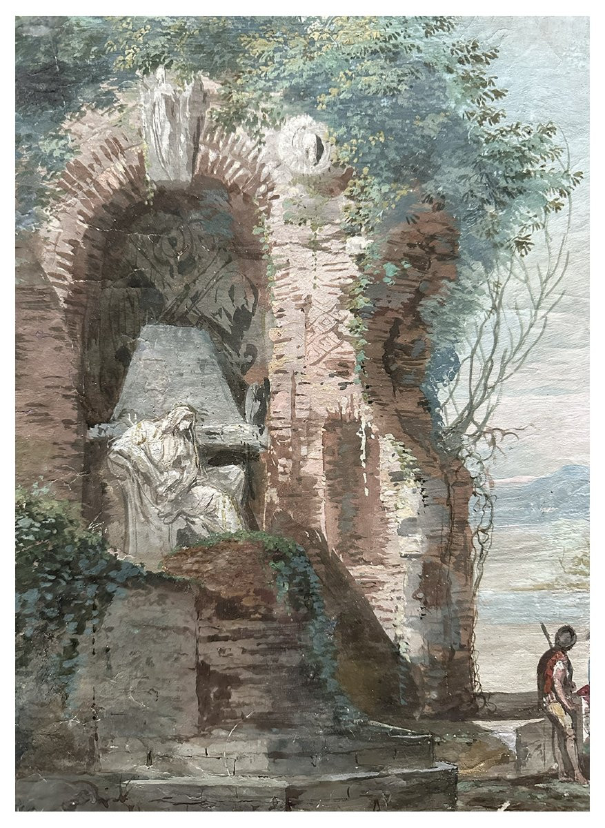 Francesco Zuccarelli (attribuito), Paesaggio con figure, rovine e capanna rustica, tempera-photo-1