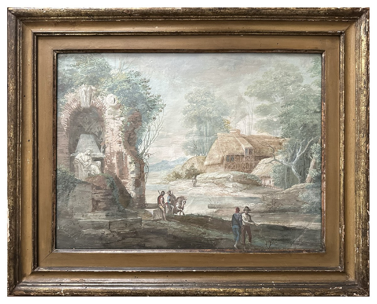 Francesco Zuccarelli (attribuito), Paesaggio con figure, rovine e capanna rustica, tempera
