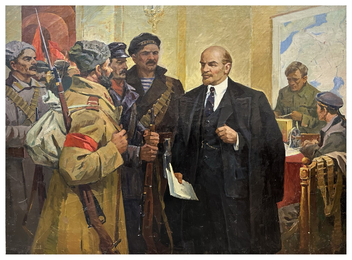 Pittore sovietico attivo verso la metà del XX secolo, Lenin con i soldati della Rivoluzione
