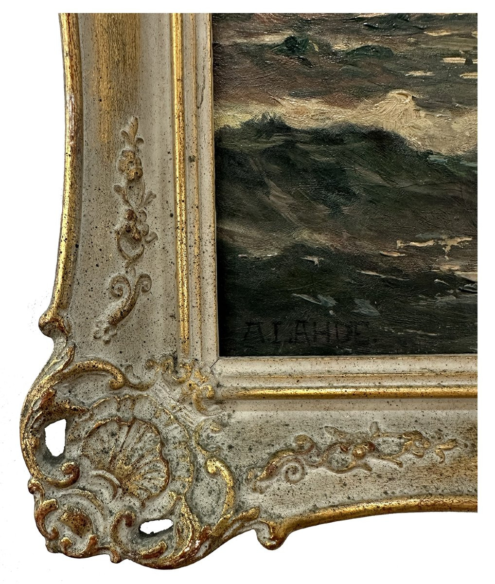 Albert Lahde (1869 – 1940), Marina con velieri nel mare agitato, olio su tela, cm. 50×47,5-photo-2