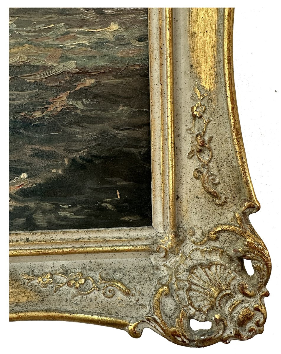 Albert Lahde (1869 – 1940), Marina con velieri nel mare agitato, olio su tela, cm. 50×47,5-photo-3