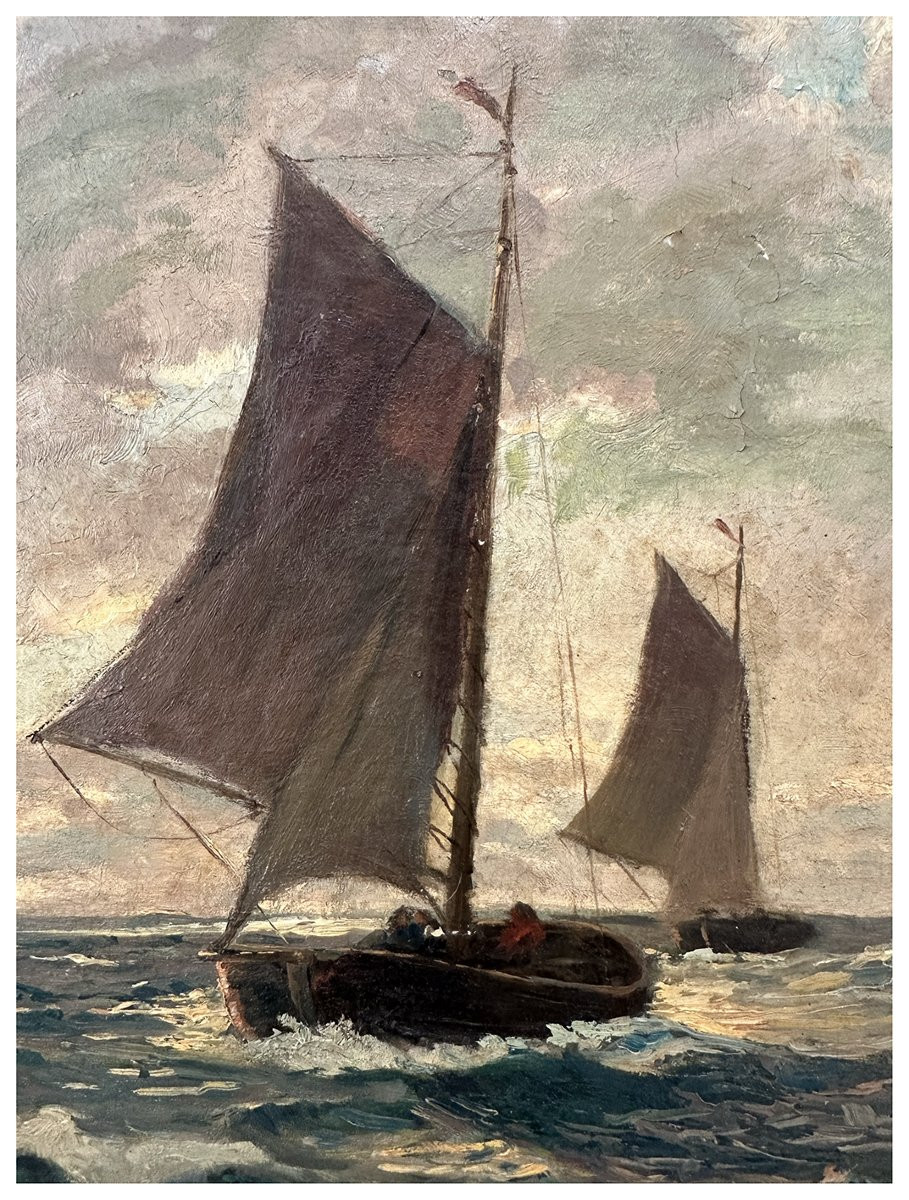 Albert Lahde (1869 – 1940), Marina con velieri nel mare agitato, olio su tela, cm. 50×47,5-photo-4