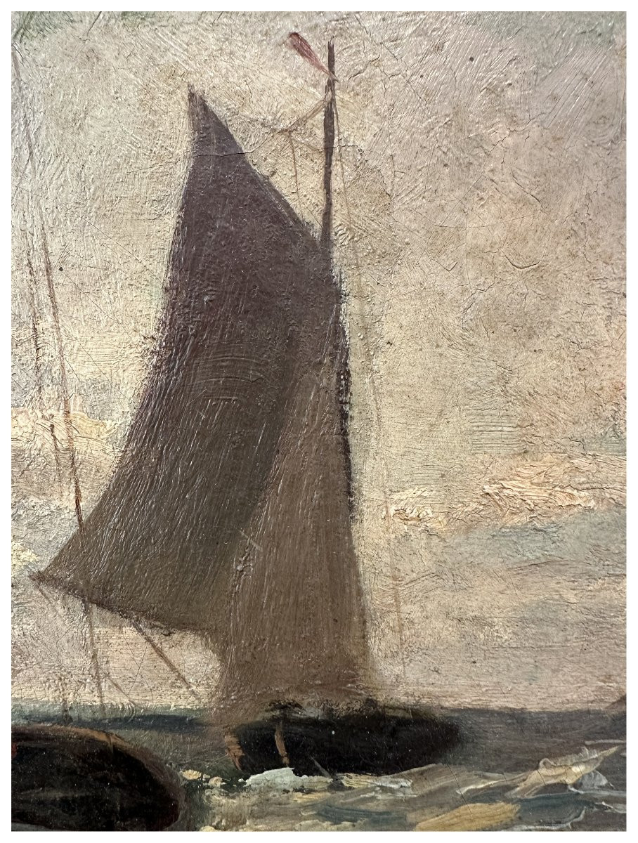 Albert Lahde (1869 – 1940), Marina con velieri nel mare agitato, olio su tela, cm. 50×47,5-photo-2