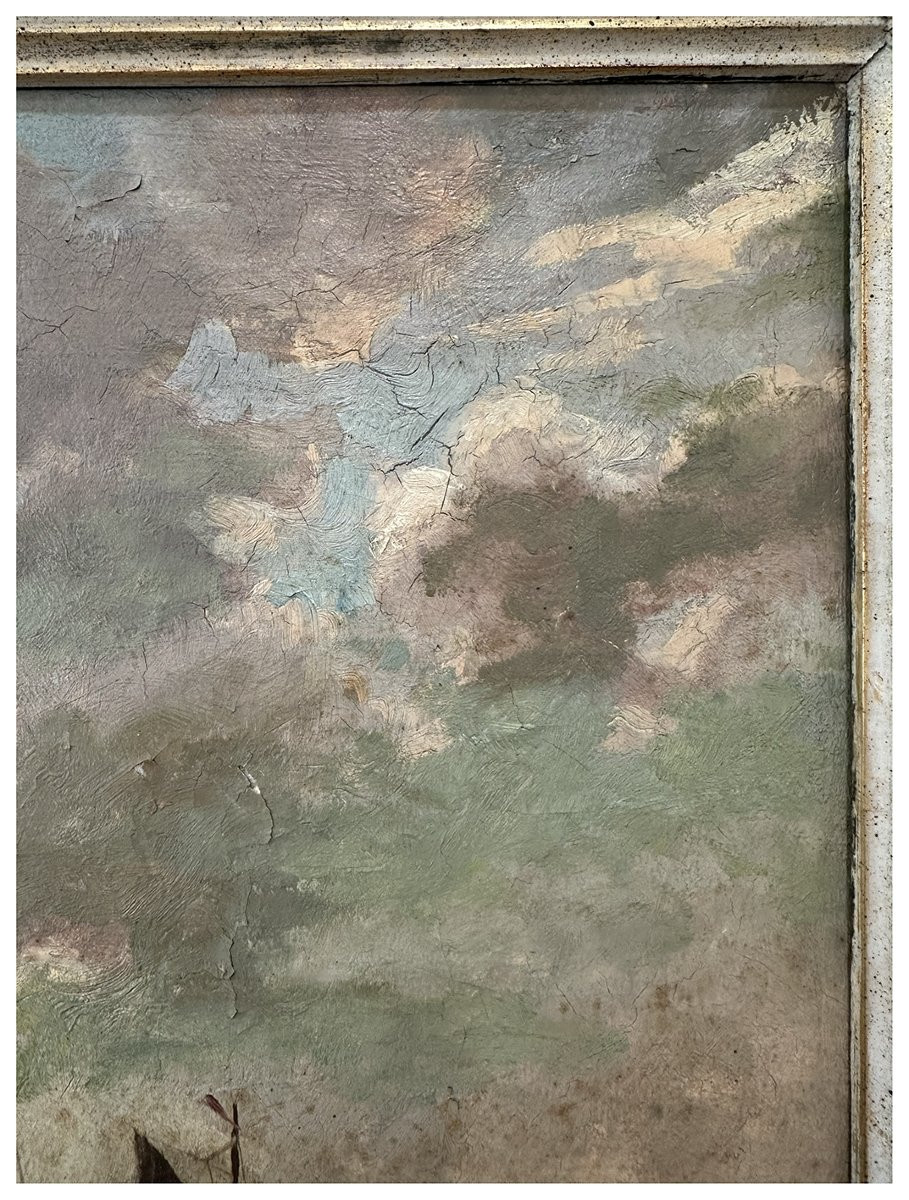 Albert Lahde (1869 – 1940), Marina con velieri nel mare agitato, olio su tela, cm. 50×47,5-photo-4