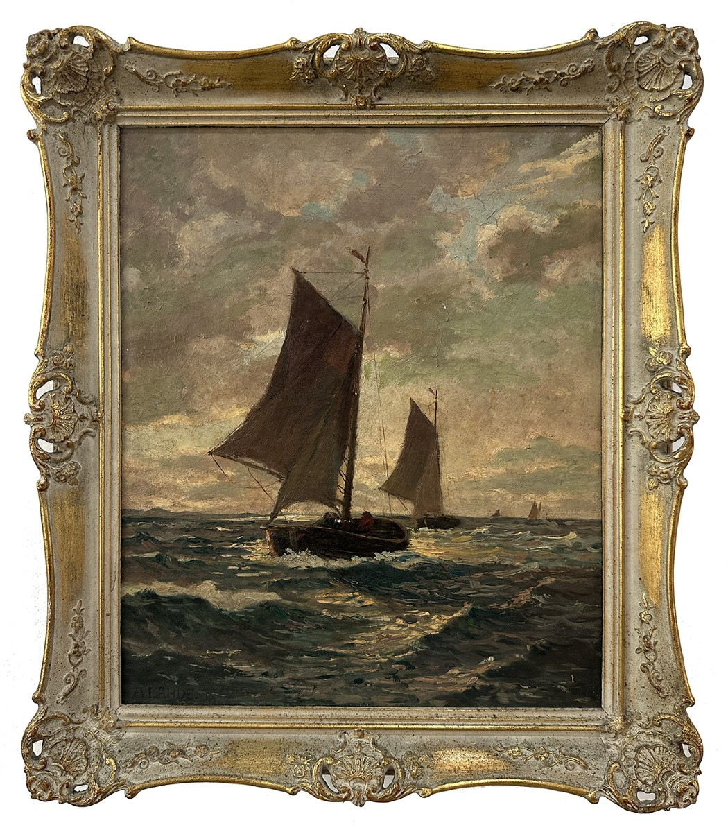 Albert Lahde (1869 – 1940), Marina con velieri nel mare agitato, olio su tela, cm. 50×47,5