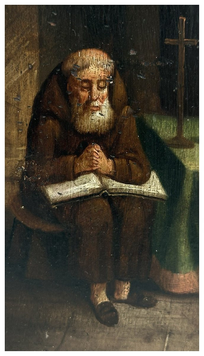 Maestro fiammingo del XIX secolo, Frate in meditazione. Olio su tavola-photo-2