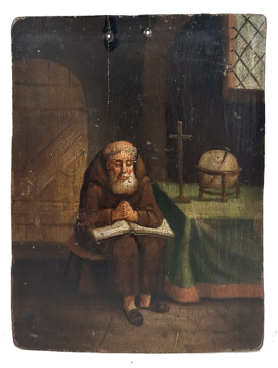 Maestro fiammingo del XIX secolo, Frate in meditazione. Olio su tavola