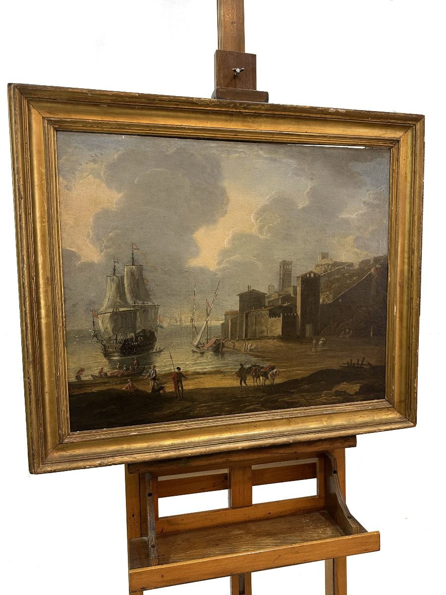 Seguace di Abraham Storck, Porto mediterraneo con velieri, figure e architetture costiere-photo-2