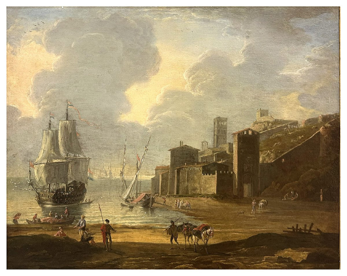 Seguace di Abraham Storck, Porto mediterraneo con velieri, figure e architetture costiere-photo-3