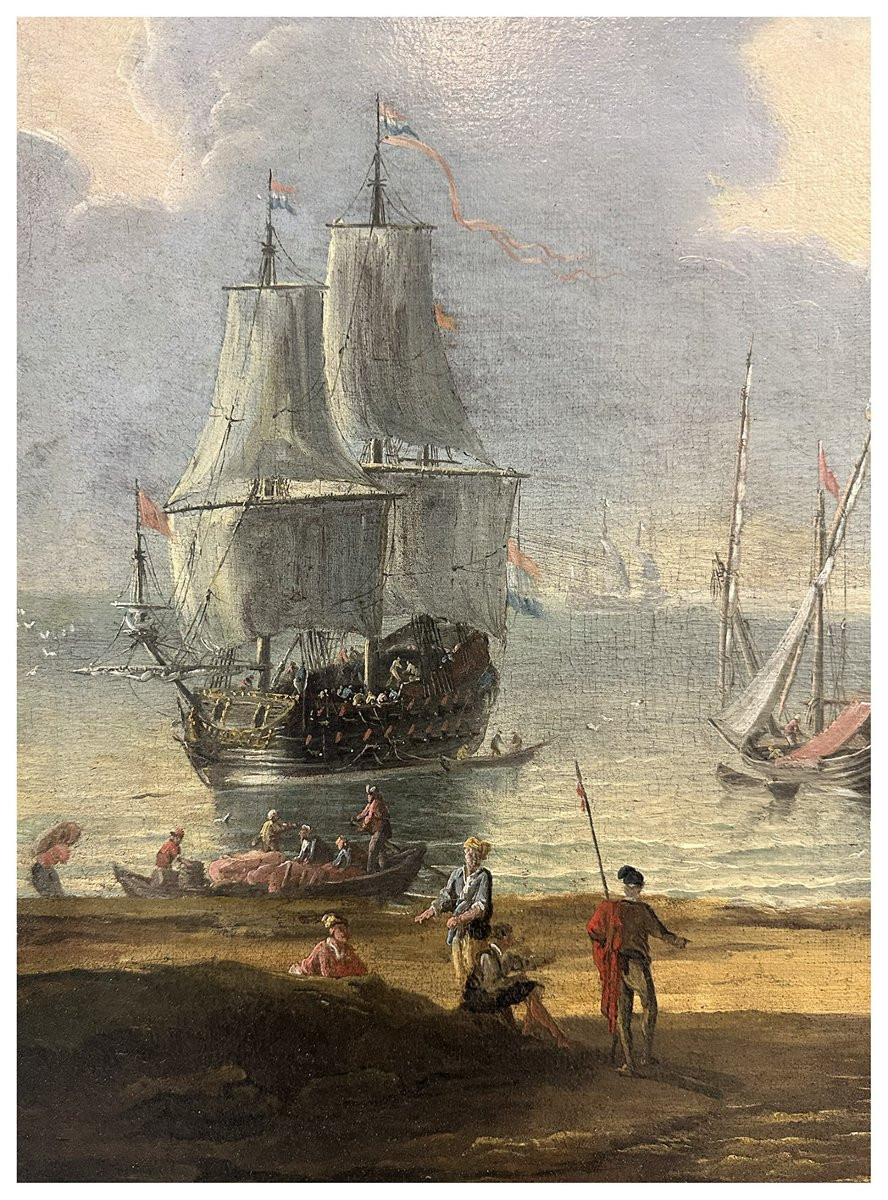 Seguace di Abraham Storck, Porto mediterraneo con velieri, figure e architetture costiere-photo-4