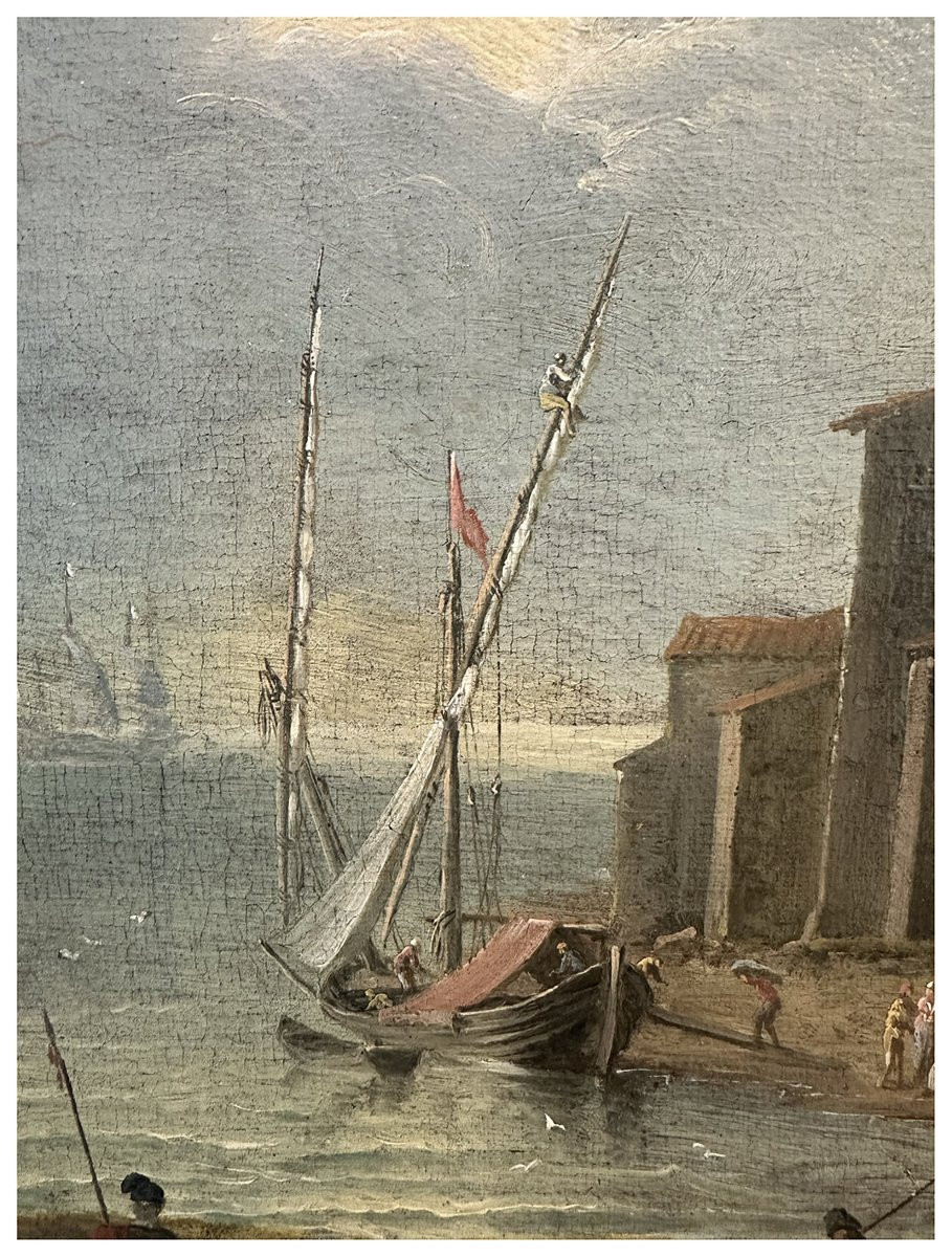 Seguace di Abraham Storck, Porto mediterraneo con velieri, figure e architetture costiere-photo-1
