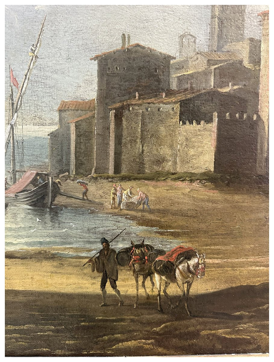 Seguace di Abraham Storck, Porto mediterraneo con velieri, figure e architetture costiere-photo-8