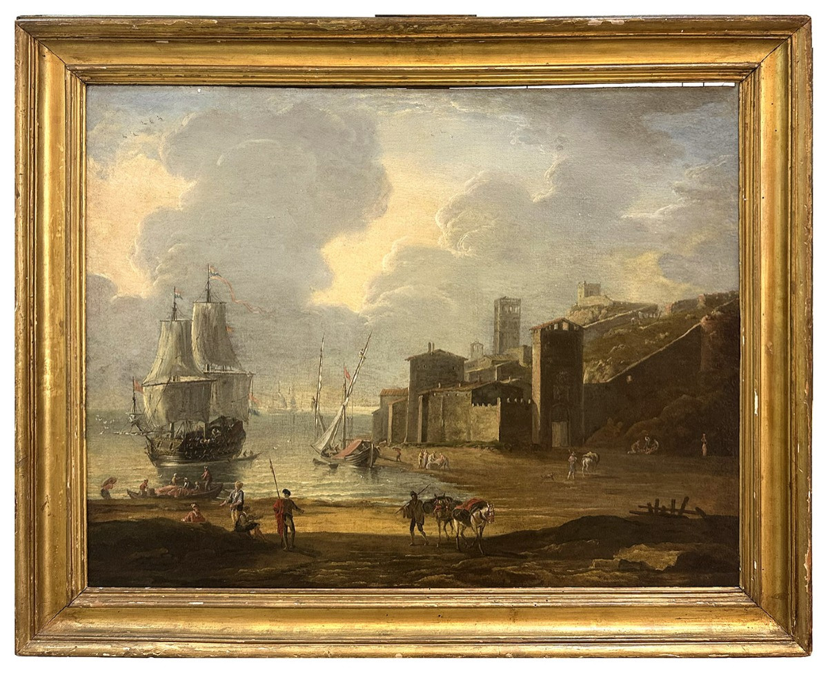 Seguace di Abraham Storck, Porto mediterraneo con velieri, figure e architetture costiere