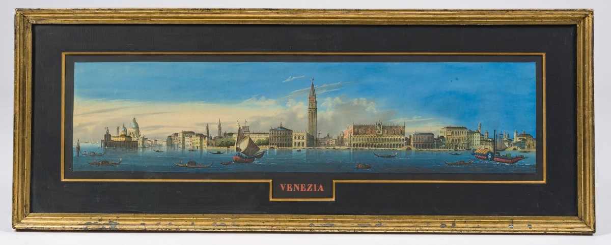 Giovanni Biasin, Veduta del Bacino di San Marco con gondole e imbarcazioni a vela, Guache