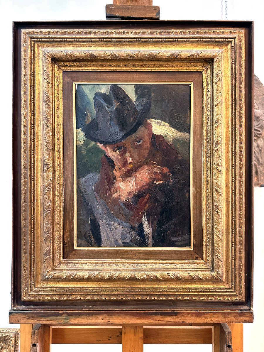 Lino Selvatico, Ritratto di uomo con barba e cappello, olio su tavola-photo-4