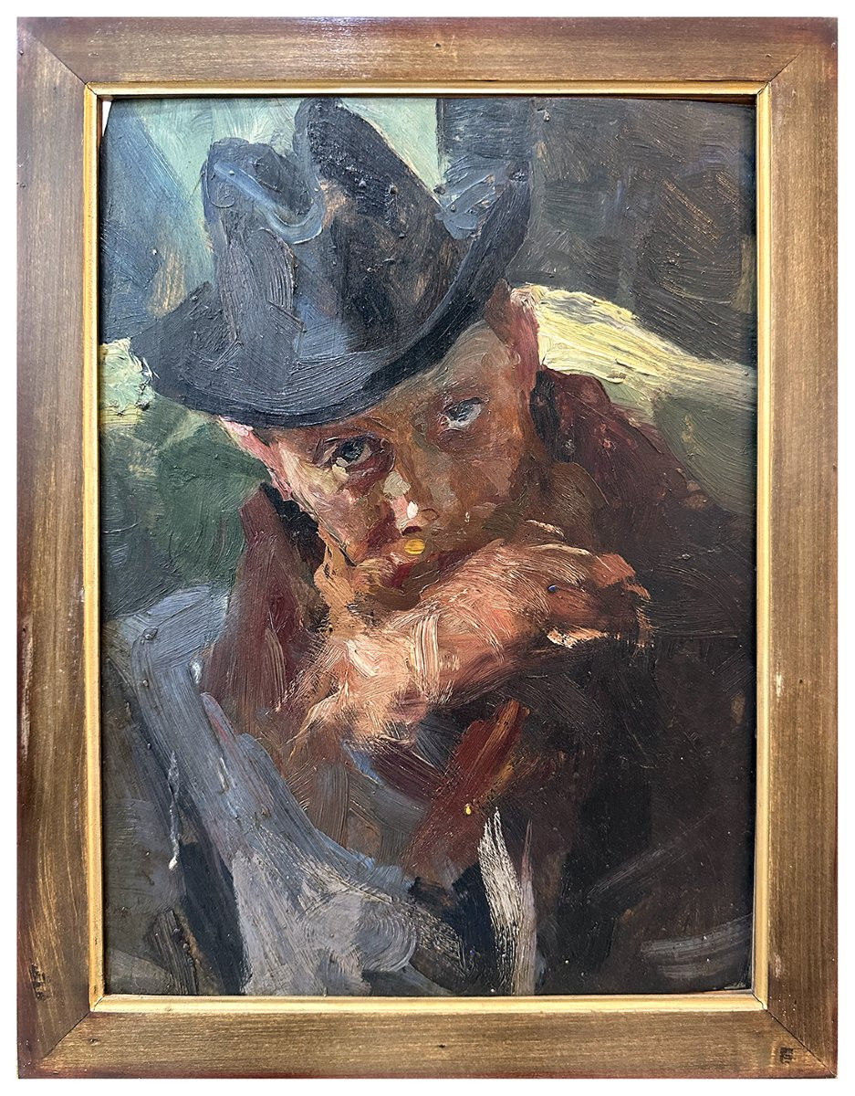 Lino Selvatico, Ritratto di uomo con barba e cappello, olio su tavola-photo-2