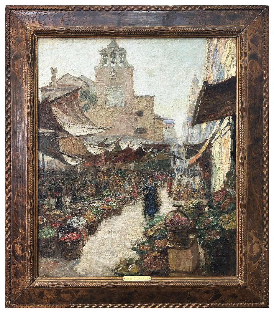 Luigi Moretti, Veduta del mercato di Rialto, olio su tela cm. 74x60