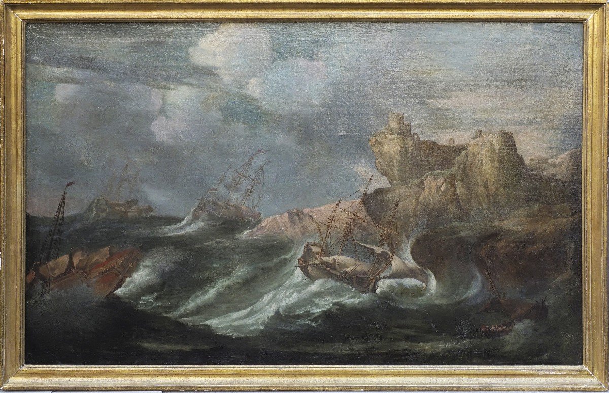 Peintre Flamand Du 19ème Siècle, Bateaux Marchands Dans La Tempête