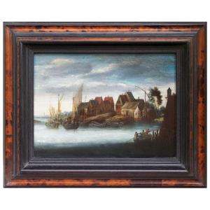 Cerchia di Peeter Bonaventura, Paesaggio fluviale con borgo e imbarcazioni. Olio su tavola