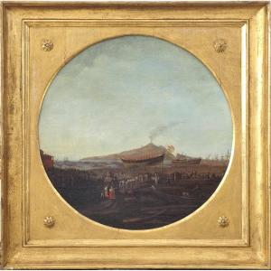 Jacob Philipp Hackert (seguace di), Veduta del cantiere di Castellammare col varo del vascello 