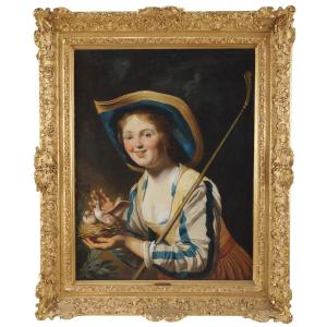 Gerrit Van Honthorst (seguace di), Pastorella con nido di uccelli, Olio su tela