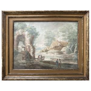 Francesco Zuccarelli (attribuito), Paesaggio con figure, rovine e capanna rustica, tempera