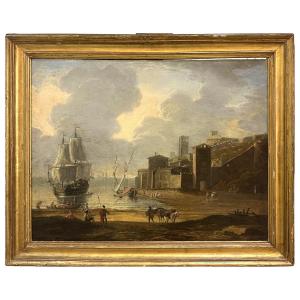 Seguace di Abraham Storck, Porto mediterraneo con velieri, figure e architetture costiere