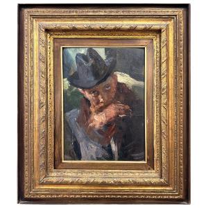 Lino Selvatico, Ritratto di uomo con barba e cappello, olio su tavola