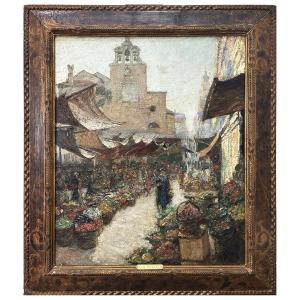 Luigi Moretti, Veduta del mercato di Rialto, olio su tela cm. 74x60